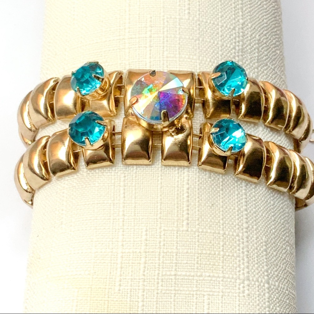 🆕 Abstract Aqua Blue & Iridescent Crystal Gold Cuff Bracelet NWT